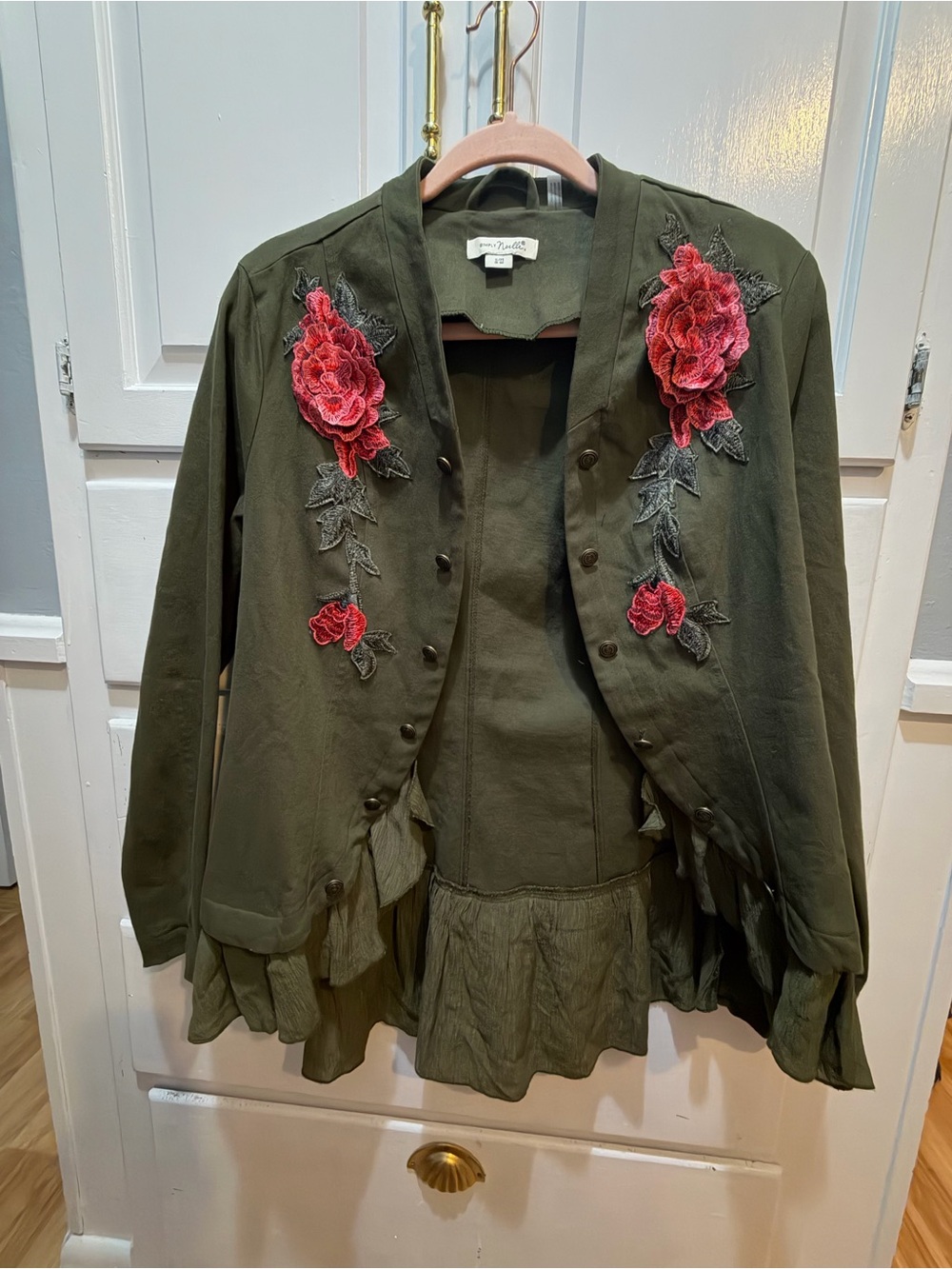 Simply Noelle Olive Green Ruffle Jacket S/M Custom Upcycled Red Rose Floral Boho